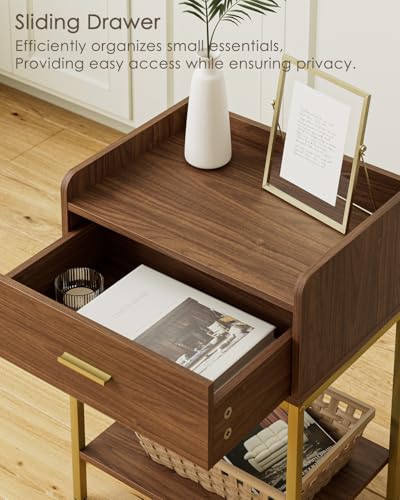 Image of Masupu Nightstand, 3-Tier Modern Bedside Night Stand with Storage Drawer and Shelf, Small End Side Table for Bedroom, Living Room, Walnut