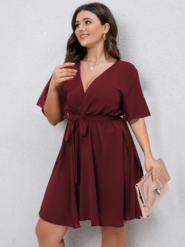 Image of SCOMCHIC Women's Plus Size Summer Dresses Short Sleeve Wrap V Neck A Line Skater Mini Short Dress XL-4XL