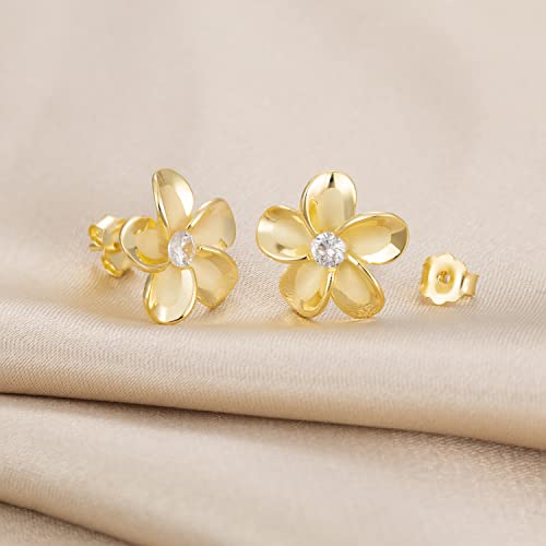925 Sterling Silver 14K Gold Plated Hawaiian Plumeria Flower Stud Post Earrings with Cubic Zirconia 8mm 10mm 12mm 15mm Nickel Free Hypoallergenic for Sensitive Skin Gift Box Included2