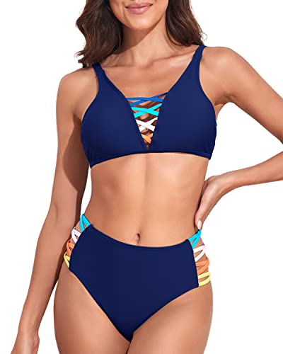 Roselychic Bathing Suit for Women 2 Piece high Waisted Bikini Cutout Sexy Swimsuit Navy