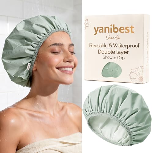 Yanibest Shower Cap Reusable Waterproof - Double Layer Shower Caps for Women, Washable Shower Bonnet with Soft Non-Slip Elastic Band, Bath Hair Hat for Most Hair Types