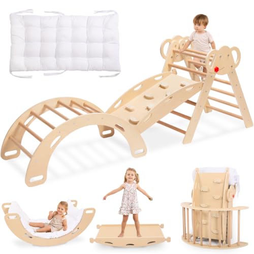 Image of WINGYZ Pikler Triangle Set, Montessori 8-in-1 Climbing Set with Cushion | Wood Jungle Gym for 18M-5Y, Foldable, Reversible Animal Slide, Patent-Protected, 2.35in Gap, ASTM F963, Wood