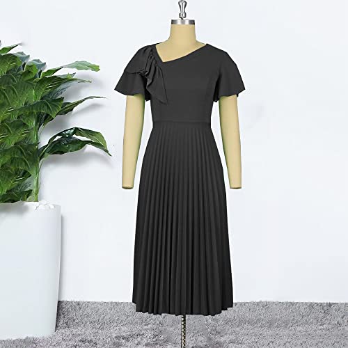 AOMEI Women's Short Sleeve Asymmetrical Ruffles High Waist Pleated Hem Midi Spring Dress3