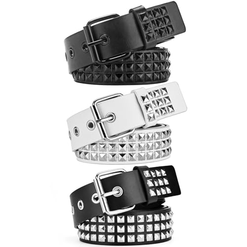 3 Pcs White Black Studded Belt Y2K Belt Gothic Punk Rock Belts with Grommet Threads Bright Metal Pyramid Cool Belts for Women Men