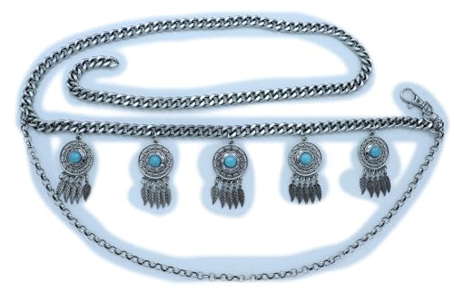 Women Bohemian Fashion Belt Antique Silver Metal Chain Feather Charm Turquoise Beads XS S M2