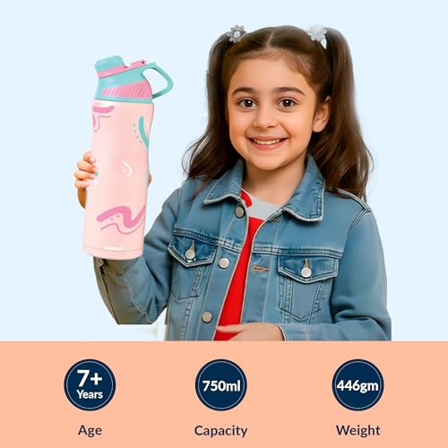 Image of Rabitat ZYLO Max Personalized Insulated Water Bottle for School Kids 750ml | Steel Water Bottle for Kids | Kids Water Bottle | 2 Year Brand Warranty | Hot & Cold Upto 24 Hours | Pastle Splash