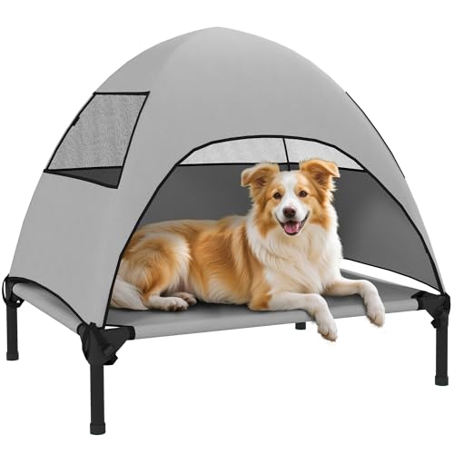 PawHut Hundeliege Outdoor mit Dach, Erhöhtes Hundebett für Mittelgroße Hunde, Kühlendes Haustierliege mit Waschbares Mesh Stahlrahmen Tragtasche, Haustierbett für Draußen Camping 76x61x71cm, Hellgrau