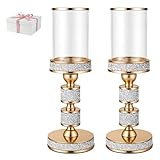 Dounx Pillar Candle Holder with Glass Wind Proof, Metal Hurricane Holders, Gold Crystal Candle Stand for Table Centerpieces, Home Decor, Wedding, Dining Table (M, 2PCS, For pillar candles up to 3'x5')
