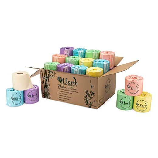 Of Earth - Bamboo Toilet Paper, (24) roll, Eco Friendly, Sustainable, Natural, Unbleached, Biodegradable, Chemical Free, RV Safe, Septic Safe, Colored Wrappers, (3-ply, 300 sheets, 24 double rolls)