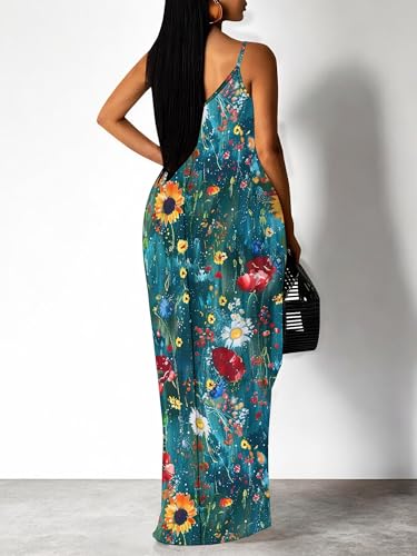 Image of SUZONANA Women's Plus Size Summer Dresses Spaghetti Print Maxi Dresses Long Loose Sundresses