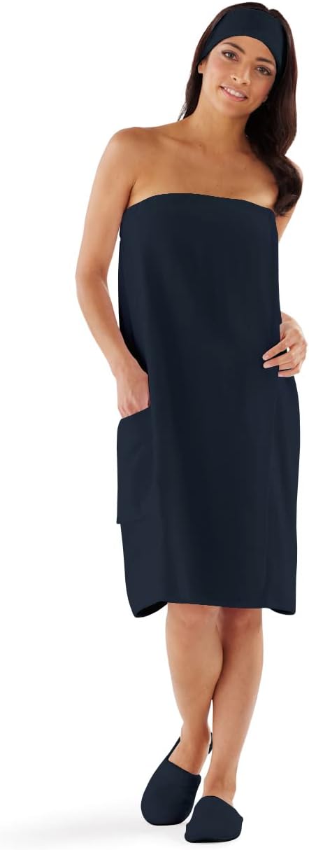 Boca Terry Womens Spa Wrap - 100% Cotton Spa, Shower, Bath and Gym Towel w Snaps - Med/Large, XXL, 4XL, 6XL Black