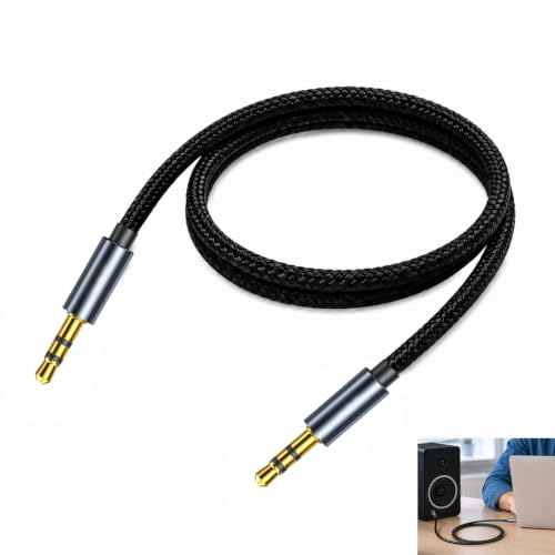 Cfanibo 1 Pièce Câble Jack audio 3.5mm mâle vers mâle 1 m, Câble auxiliaire stéréo 3.5mm Nylon Gris Anthracite, Connecteurs Plaqués Or, pour Autoradio, Casque, Enceinte, PC, Tablette, MP3, Hi-Fi