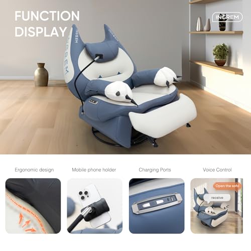 Image of INGREM Smart Recliner with Adjustable Settings, Voice-Activated Home Theater Gaming Seat Rocker, Electric Lounge Chair Featuring USB Port ,Phone Holder and Cat Claw Armrest (Leather Blue)