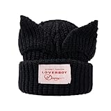 Cat Ear Beanie Y2K Cute Knit Hat with Ears Warm Crochet Hat Skull Cap for Women Men (Black)