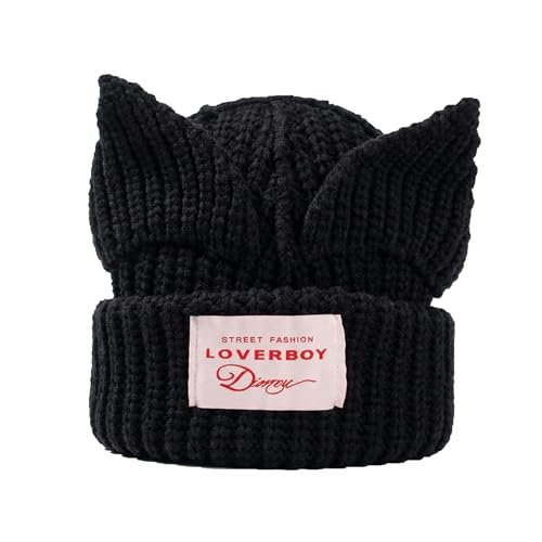 Cat Ear Beanie Y2K Cute Knit Hat with Ears Warm Crochet Hat Skull Cap for Women Men (Black)