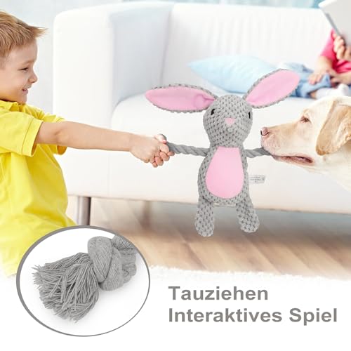TONYFY Hundespielzeug, Hund Quietschspielzeug mit Knitterpapier, Plüschtier Hund Plüsch Kauspielzeug, Baumwollseil interaktives Spielzeug für Welpen, kleine, mittlere Hunde (Grauer Hase)