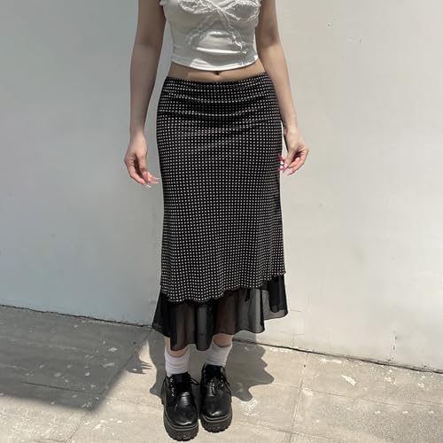 Women's Polka Dot Midi Skirt Vintage Elegant Mesh Stretch Low Waist Double Layered Pencil Long Skirts4