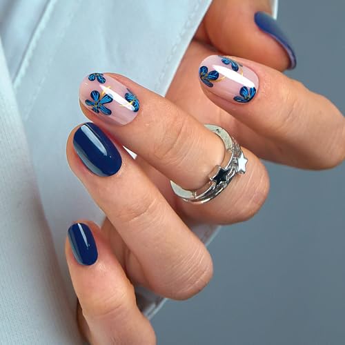 Image of CurvLife Soft Gel Press On Nails Extra Short Square, Long-Lasting Reusable Oval Fake Nails Kit with Glue & Tabs, 30pcs Salon-Quality Stick On Nails for Women At-Home Manicure (Navy Petal)