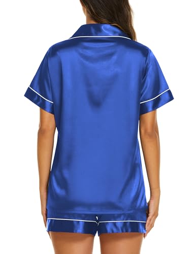 Image of Ekouaer Silk Pajamas for Women Short Sleeve Sleepwear Soft Button Down Loungewear 2 Piece Satin Pjs Shorts Set