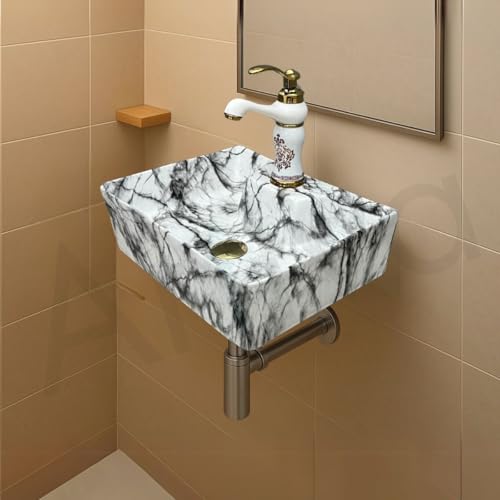 Image of Artiva Ceramic Wall Mounted Bathroom Basin /Designer Table Top Sink For Bathroom /Wall Hung Washbasin /Wash Basin For Cabinet, Countertop, Vanity /Glossy Vessel Sink (Cloudy White 16 x 12 x 5 Inch)