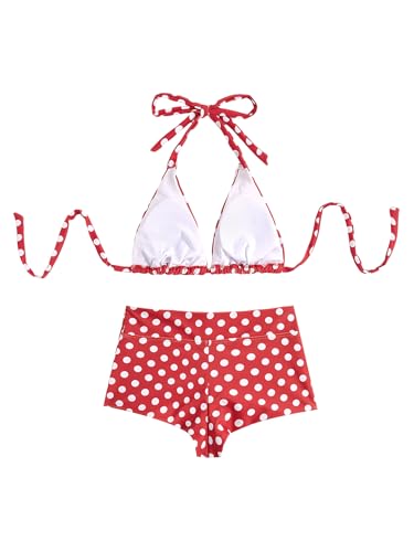 Image of WDIRARA Women's Polka Dots Halter Bikini Set Tie Back Triangle 2 Piece Swimsuit with Boyshorts