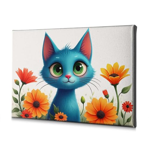 Tableau chat bleu de haute qualité aux fleurs oranges vibrantes, toile 20x30
