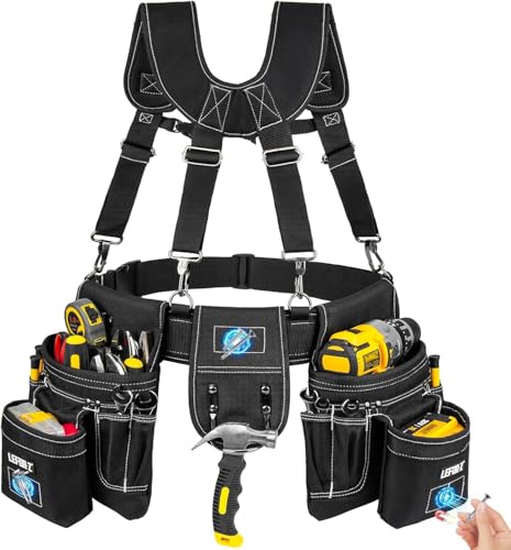 Tool Belt with Suspenders 27-Pockets Heavy Duty Tool Belts for Men with Magnetic Tool Pouch Detachable & Adjustable Work Belt Bag for Electrician Carpenter Construction Utility Toolbelt Black