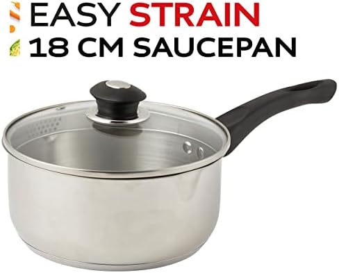 Rondel Russell Hobbs RH02632 18 cm, Easy Strain, dziobek do nalewania i pokrywka ze szkla hartowanego z wbudowanym sitkiem, gladkie satynowe wnetrze, ergonomiczny uchwyt, do plyt indukcyjnych