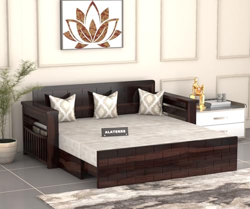 Image of Solid Sheesham Wood Diwan Bed for Living Room & Bedroom | Modern Wooden Sofa Cums Bed with Side Storage Rack | Multipurpose Day Bed for Home Furniture (Walnut Finish)