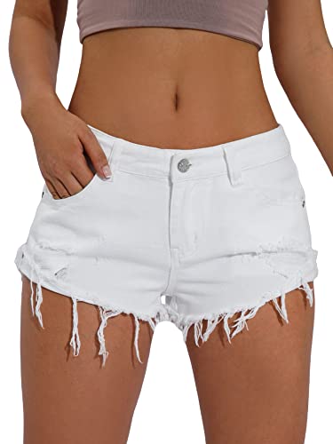 WDIRARA Women's Low Waist Button Ripped Raw Hem Denim Shorts