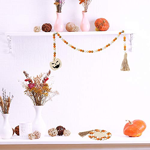 image for WILLBOND Halloween Wooden Bead Wreath with Tassels, Decorated with Pum