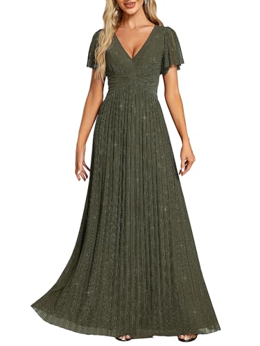 Image of Ever-Pretty Women's V-Neck Glitter Formal Dresses Pleated Short Sleeves Floor Length A-Line Mother of Bride Dress 11961