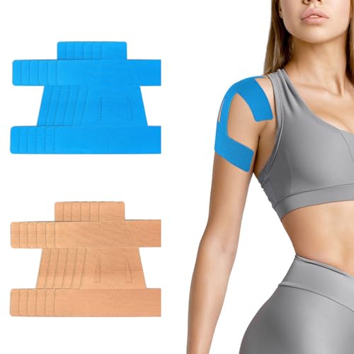Strap Sport, 12 Pièces Tape Kinesiologie, L'épaule Kinesio Tape, Imperméable Bande Strapping Adhésif pour L'épaule, Soulagement de la Douleur, Sport, Soutien Durable (Bleu, Peau)