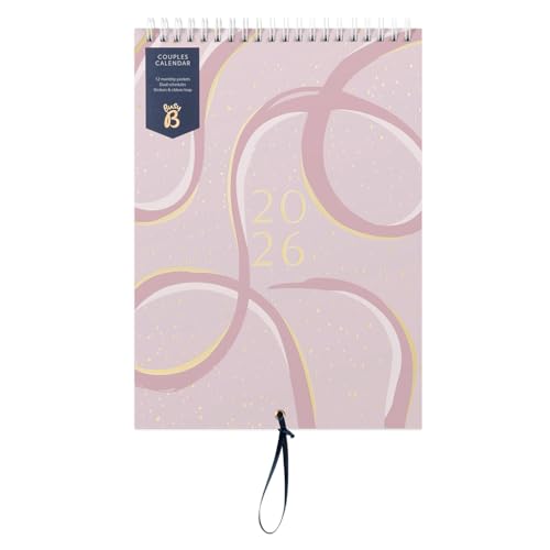 Busy B 2026 Wall Calendar for Couples - Pink Ribbon Slim Design with Dual Schedules, Monthly Pockets & Stickers -Hanging Calendar for Shared Planning, Birthdays & Important Dates - Jan to Dec