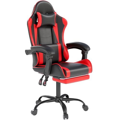 OS MOTOR Gaming Chair with Headrest and Lumbar Support, Ergonomic High Back Office Chair, Racing Style Executive Computer Desk Chair, Leather Adjustable Swivel Task Chair for Home Office (Red Black)