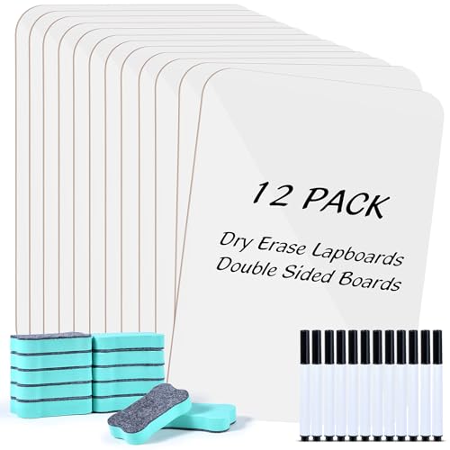 12 Pack Small White Board Dry Erase Boards Classroom Teachers Pack Mini White Boards 9' x12” Personal Whiteboards for School Students Supplies Lapboards l 12 Mini Erasers， 12 Makers Included (12)