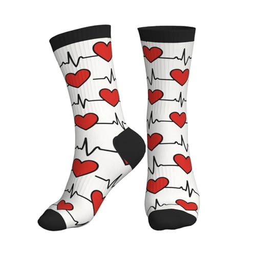YHTJSZP Red Hearts and Ecg Slouchy Crew Socks for Men Women Funny Novelty Athletic Long Tube Socks for Soccer Running Hiking Yoga Softball Baseball
