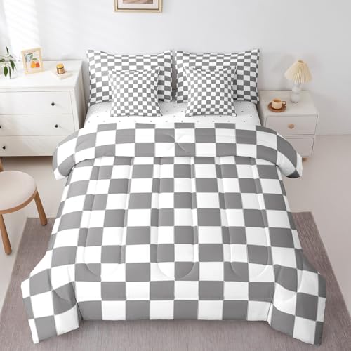 Image of Erosebridal Gray Checkered Full Bed in A Bag 7 Piece White Grey Checkerboard Grid Bedding Set,Geometric Buffalo Plaid Comforter Set with Sheets for Kids Boys Teen Adults Men Gingham Bed Set
