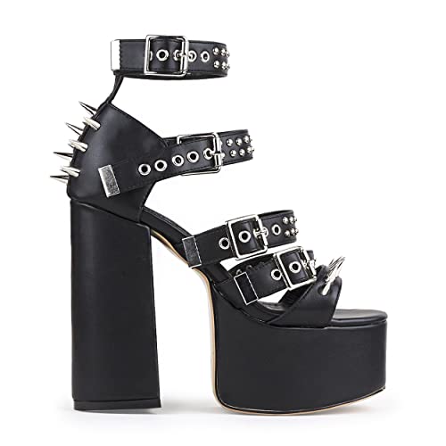 Lamoda Revin Black PU Platform Sandals - Chunky Gothic High Heel Festival Shoes, Alternative Party Footwear, Vegan Leather Statement Sandals, Comfortable Fit, UK7