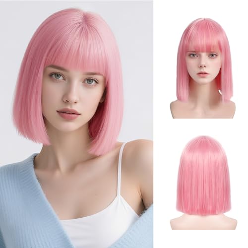 Bkiyyi Pink Bob Wig with Bangs 13in Short Straight Synthetic Wig for Women