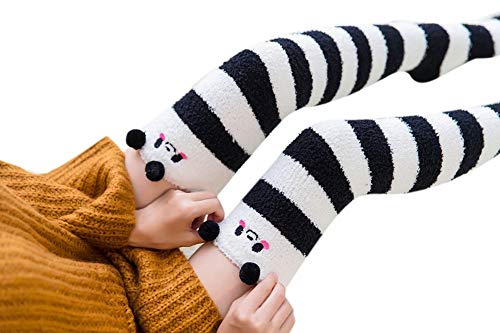 Image of Wander G Womens Over Knee High Fuzzy Socks Cute Cartoon Thigh High Stockings Warm Stripe Leg Warmers