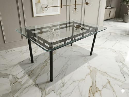 Image of Metal Dining Table Set with Clear 12 mm Thick Toughened Glass Top with Chair for Home Kitchen & Dining Room (Black Full Cushion, 4 Seater 2.5 x 4 feet)