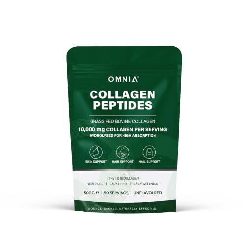 Omnia Pure Bovine Collagen Peptides Powder 50 Servings Packed with Essential Amino Acids Optimal Health Collagen for Radiant Skin Strengthens Hair & Nails & Joints- UK Made (Packaging May Vary)