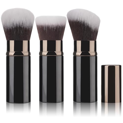 Juego de brochas de maquillaje retráctiles, 3 piezas, negro y oro rosa, cerdas sintéticas suaves, kabuki y ángulo, regalo ideal para viajes
