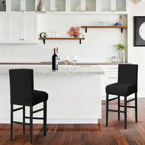 Image of JIUZHEN Black Stretch Velvet Bar Stool Counter Covers Set of 2 | Washable Removable Rectangular Seat Covers, Water Resistant, Kitchen, Dining, Pub, Hotel, Wedding and Party Counter Stools