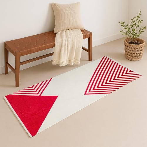 Image of SAGON 2x5 Ft Printed Runner Carpet - Cotton Bedside Rug for Bedroom & Living Room (Red Trangle)