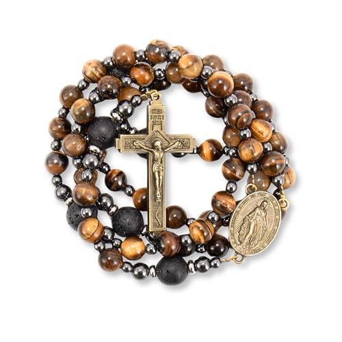 Nazareth Store Rosary Beads for Men, Catholic Rosary Necklace, Tiger Eye Beads Strong Rosary Cross Necklace in Portable Gift Box