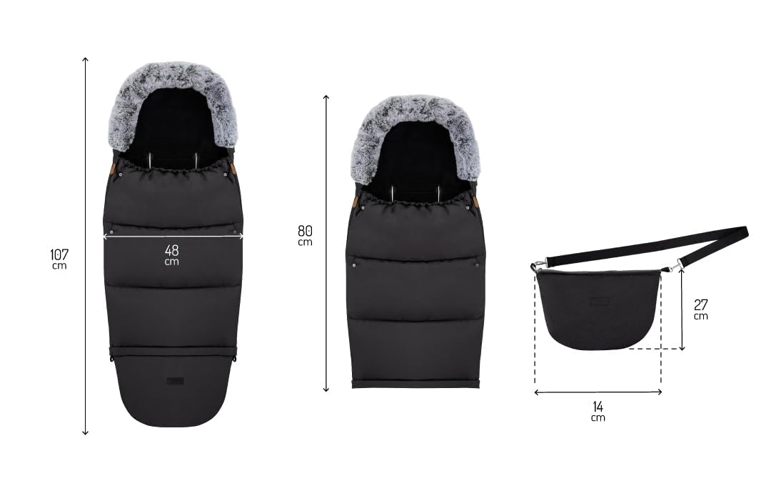 MoMi Fußsack 2 in 1 für Kinderwagen, Schlitten oder Autositz, mit Kapuze, Fellbesatz und abnehmbarem Fußteil, Reißverschluss links und rechts, Gurtschlitze, wasserabweisend