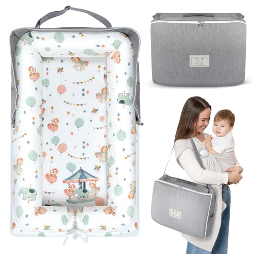 Baby Lounger for Newborn 0-24 Months, Portable Infant Lounger with Soft Breathable Cotton, Adjustable Size Lengthen Space Lightweight & Washable Essentials for Home (3. Carousel)