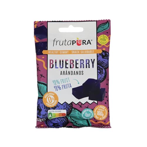 FRUTA PURA Arándano 32g - Dados de fruta 98% real con textura blanda tipo gominola - Sin azúcares añadidos - Vegano - Sin gluten - Snack saludable y práctico - Equivale a 200g de fruta diaria